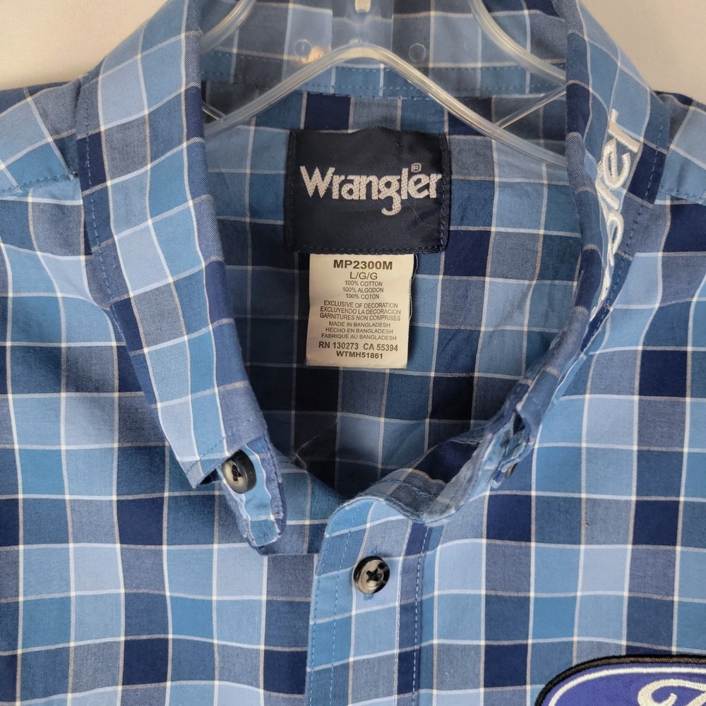 Wrangler x Ford Western Shirt Men Large Blue Plaid Long Sleeve Button Down Logo - Picture 5 of 8